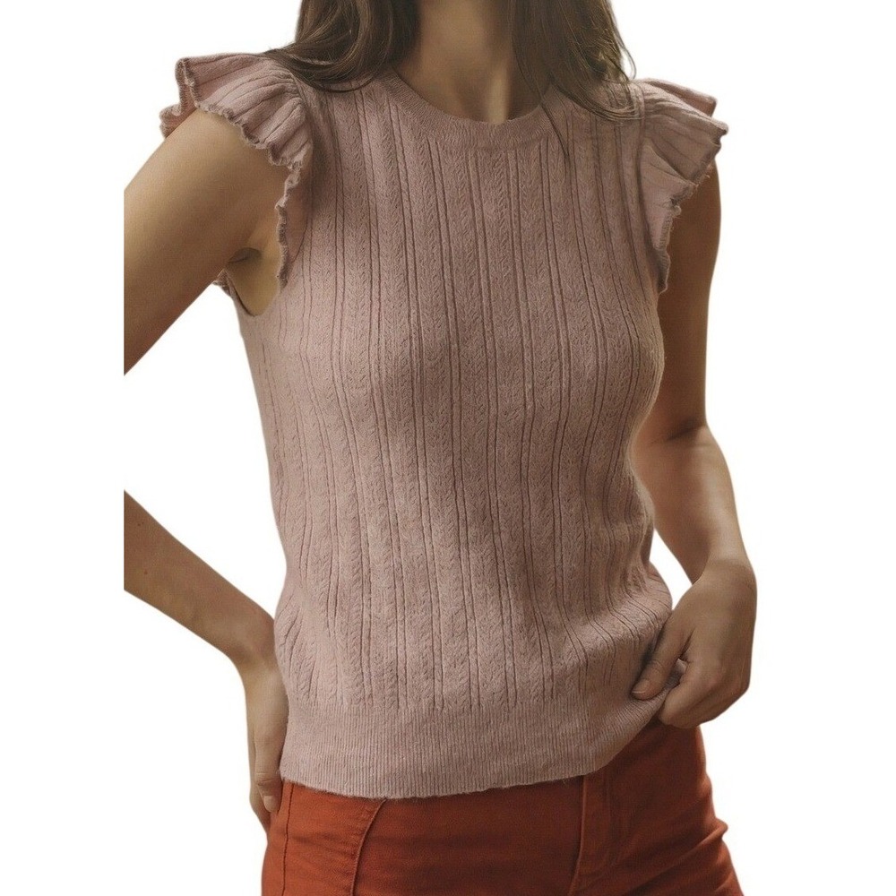 Hem & Thread Cableknit Top Womens M Pink Boho Cottage Short Sleeve Ruffle Shirt‎
